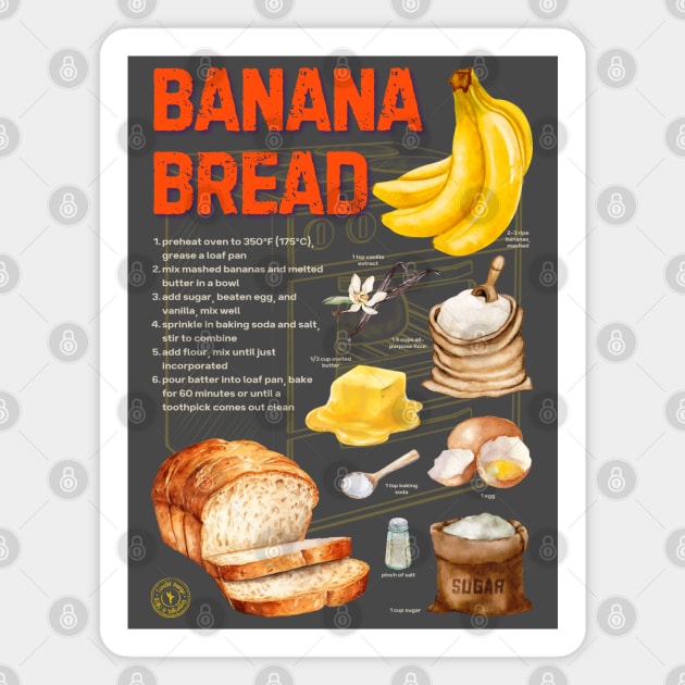 Banana Bread Recipe Design - Rustic Watercolor Style Magnet by TuncGK